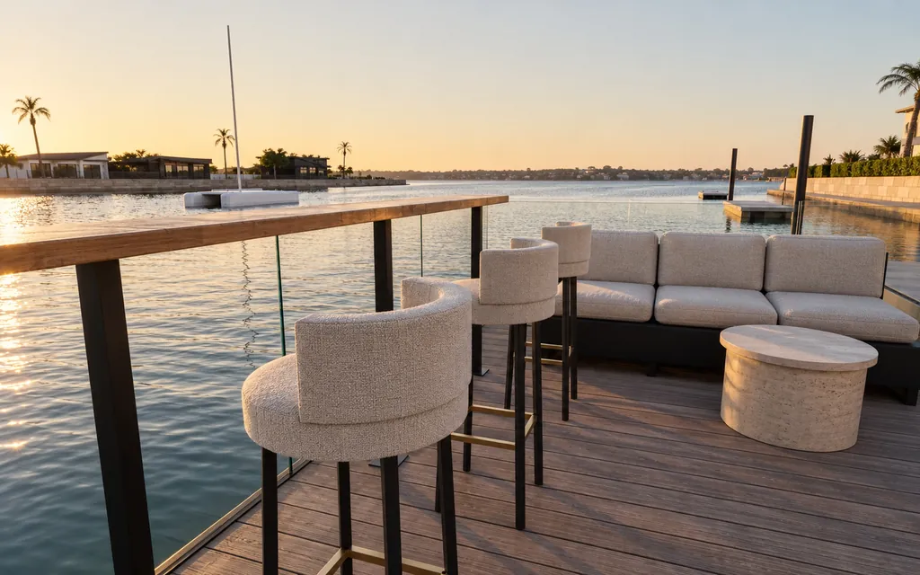 Along the Terrace drinks ledge and bar stools at sunset