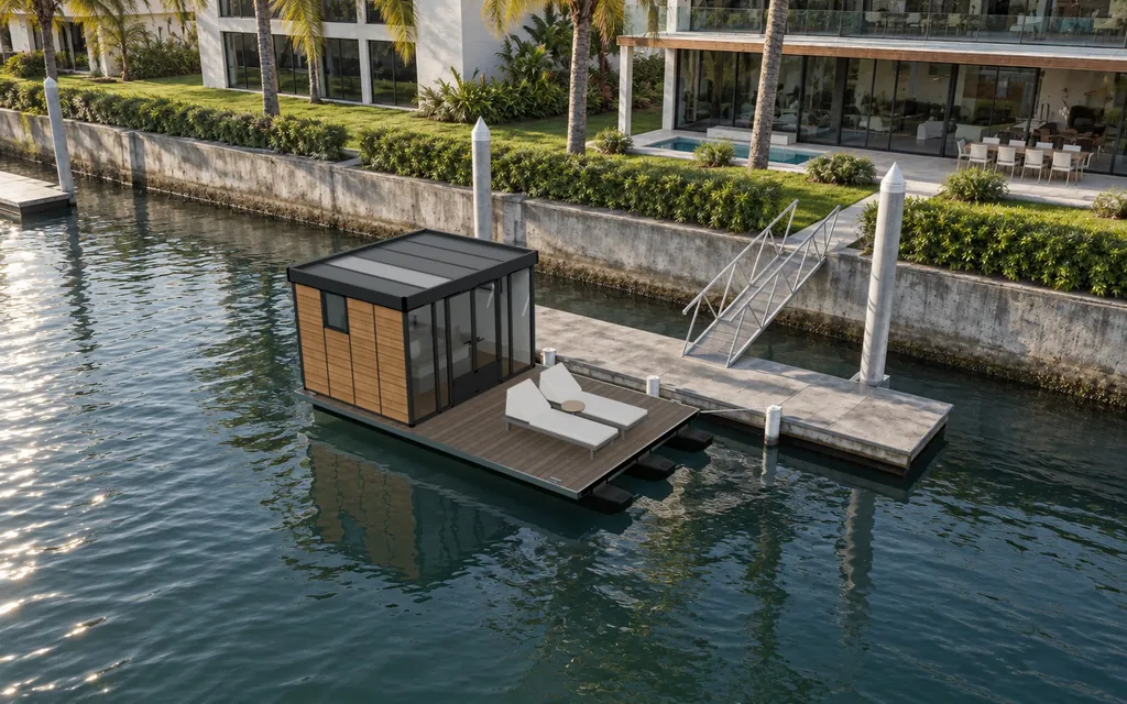 The Driftroom Studio from above the canal, moored beside a home pontoon in the morning