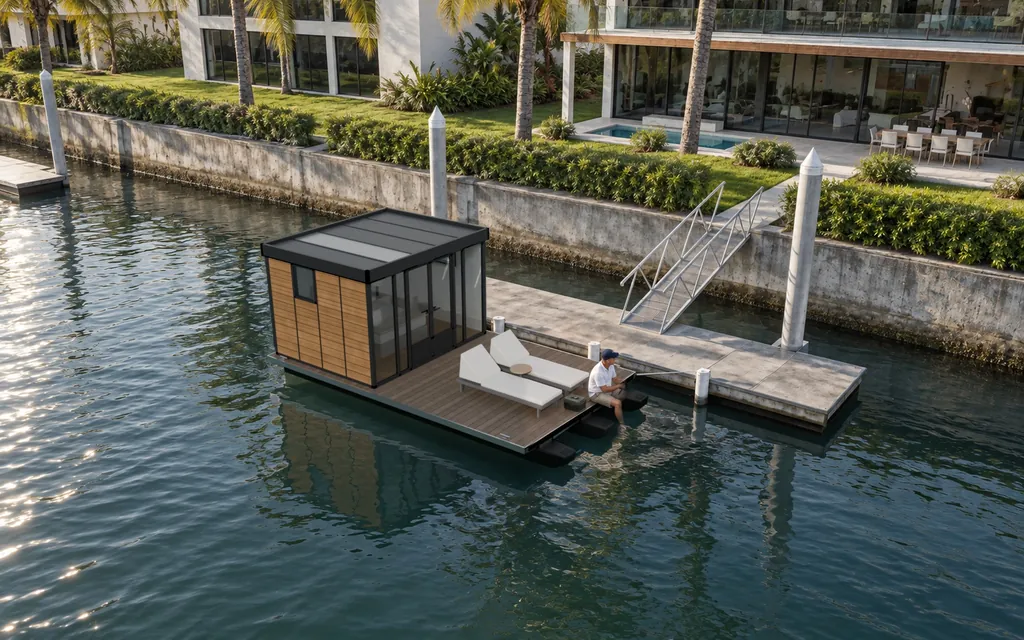 A man fishing off the Studio open deck in the morning