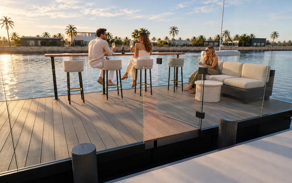 Friends with champagne on the Terrace, seen from the glass gate