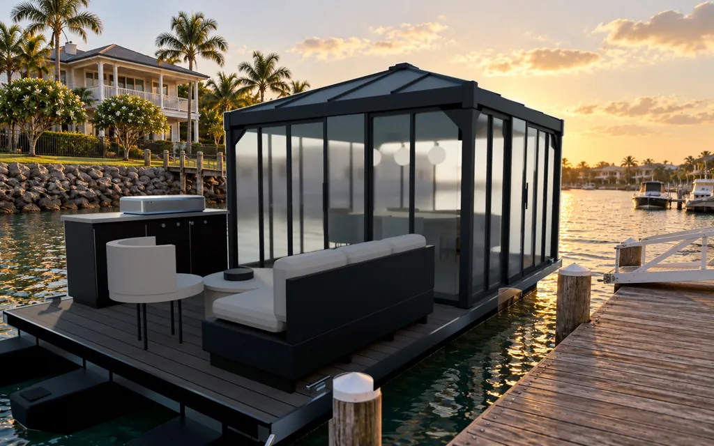 The Driftroom Pavilion seen from the end of the home pontoon at golden hour