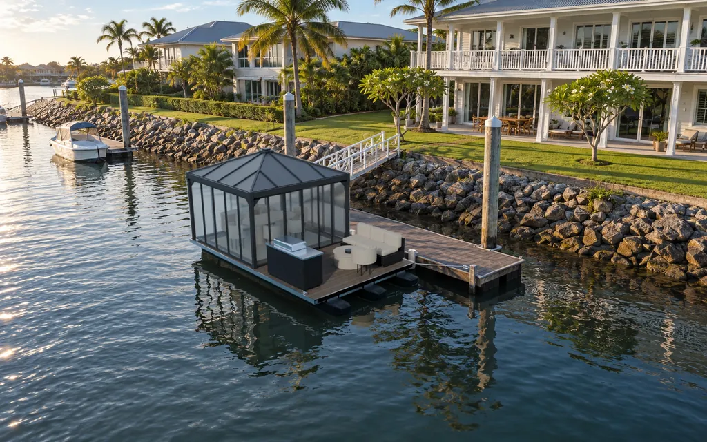 The Driftroom Pavilion from above the canal, moored beside a home pontoon in the morning