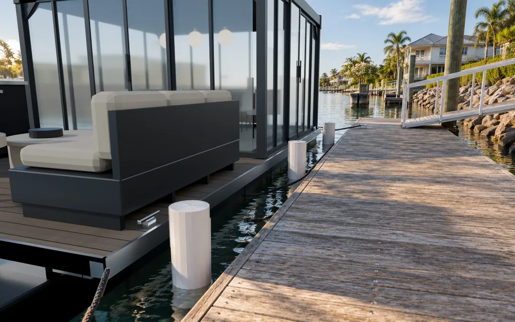 Mooring lines, cleats and fenders between the Driftroom Pavilion and the home pontoon